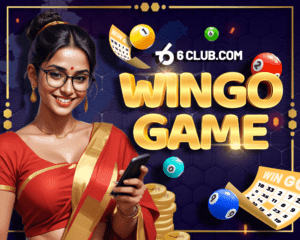 6Club Wingo Game with smiling Indian woman holding a smartphone and game elements.